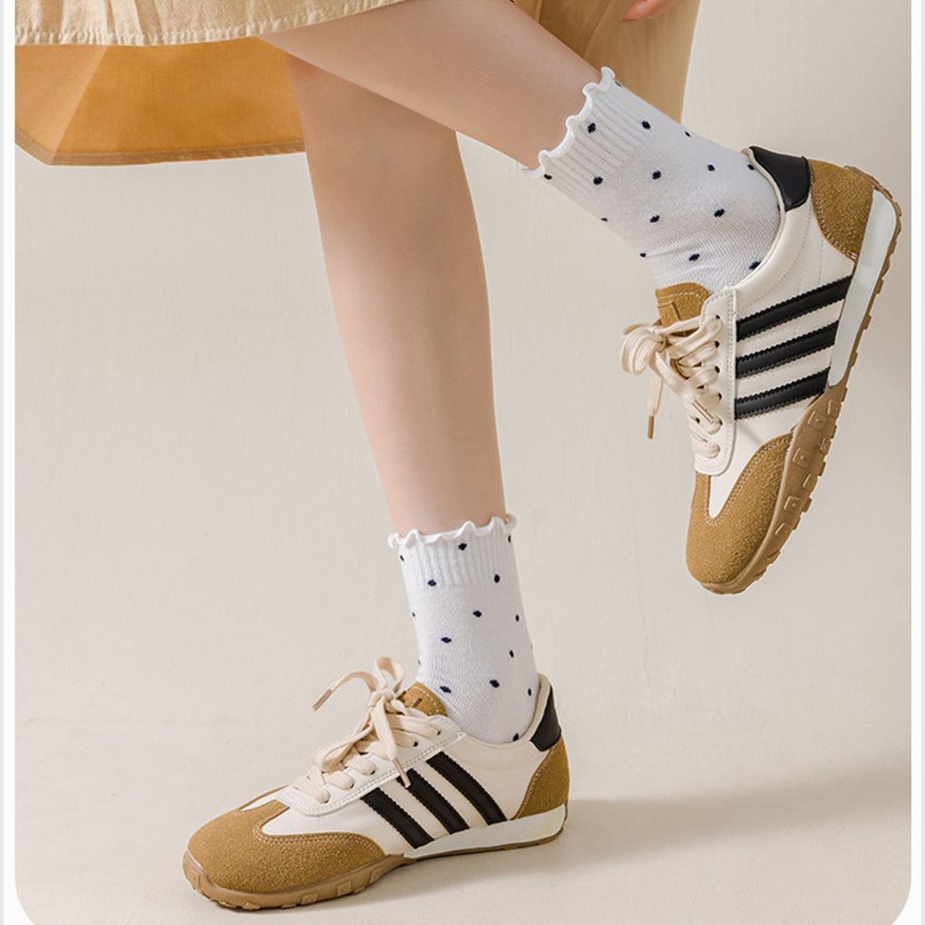 Anna-Kaci Women's Polka Dot Ankle Socks Set Soft Cotton Blend Ruffle Trim Cuff Multiple Color Combos 5 Pairs