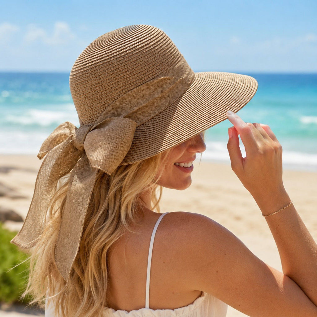 Summer Sun Hat for Women - Wide Brim Straw Hat with Elegant Bow Detail