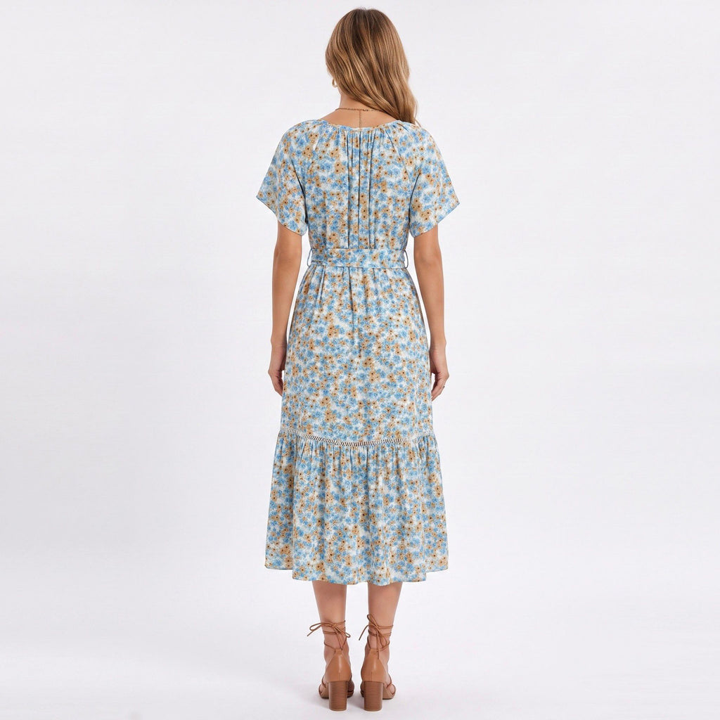 Floral Print Midi Dress with Tie Neck Short Flutter Sleeves Belted Waist and Tiered Hem