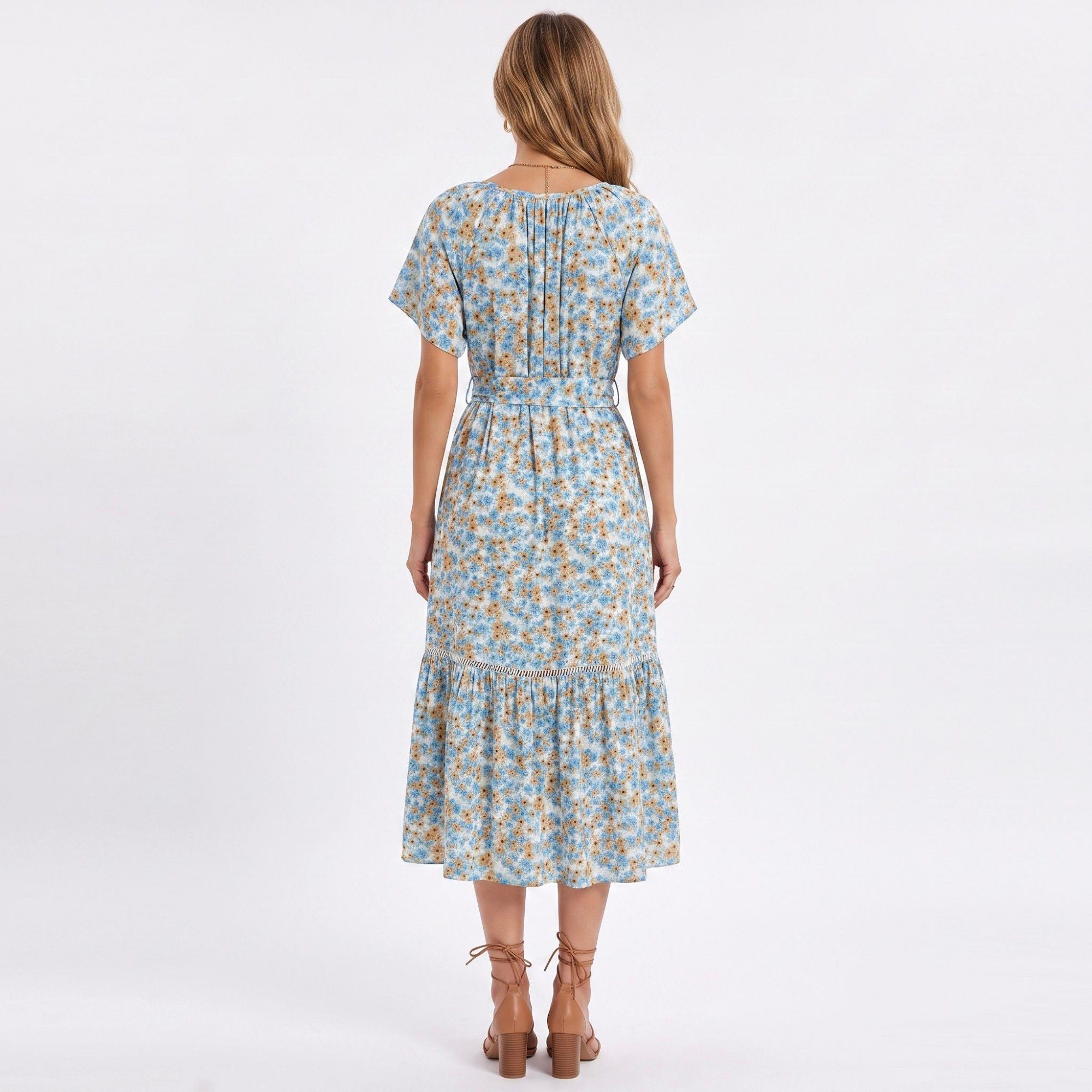 Floral Print Midi Dress with Tie Neck Short Flutter Sleeves Belted Waist and Tiered Hem