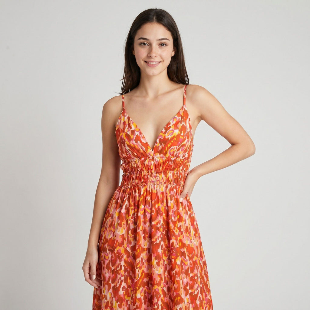 Abstract Floral Print Smocked Waist Spaghetti Strap V-Neck Maxi Dress with Surplice Bodice and Flowy Skirt