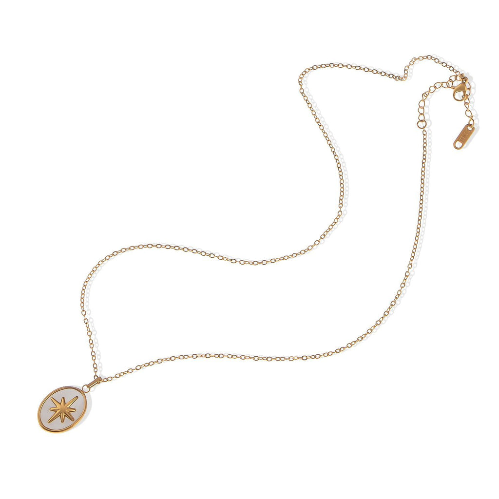 Women's Stainless Steel Necklace with 18K Gold Plated Starburst Pendant, Mother of Pearl Inlay, Adjustable Chain