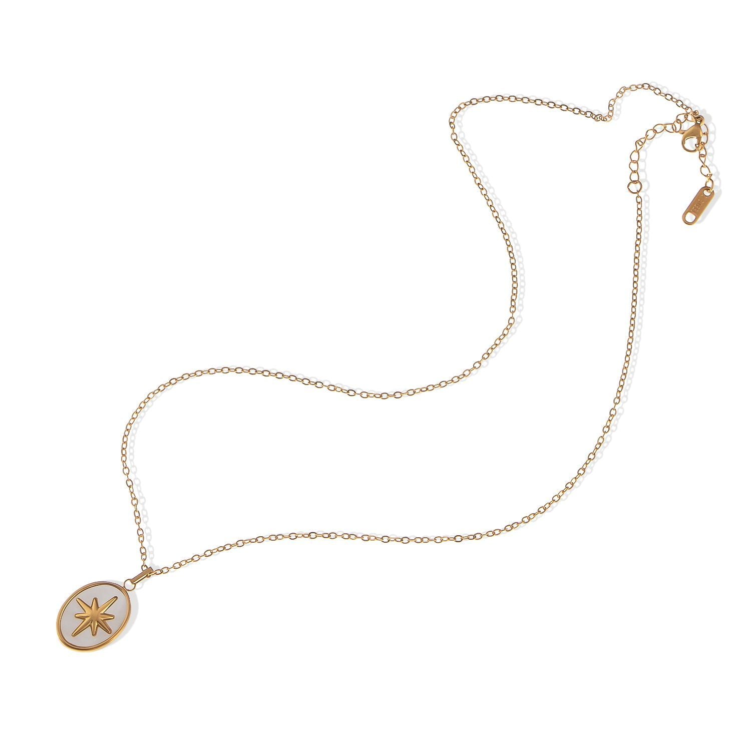 Women's Stainless Steel Necklace with 18K Gold Plated Starburst Pendant, Mother of Pearl Inlay, Adjustable Chain