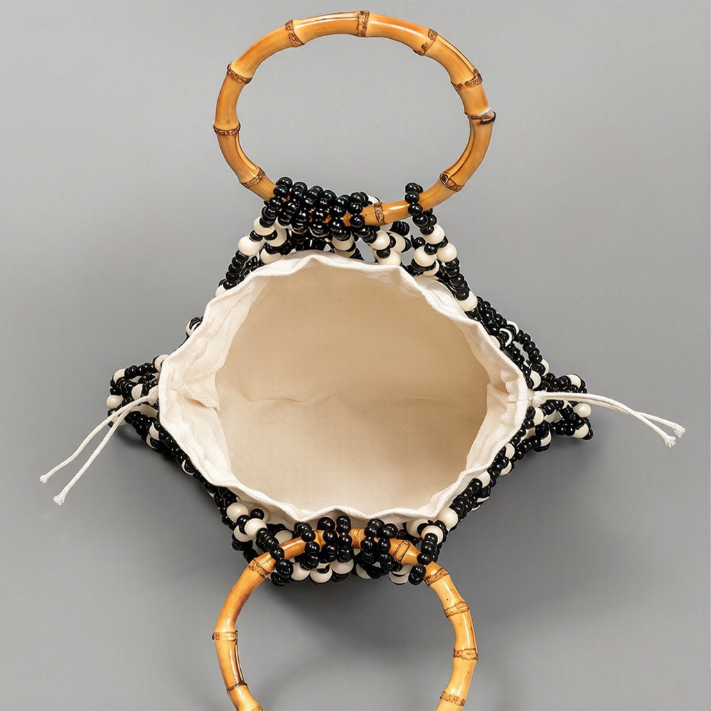 Beaded Drawstring Mini Bag with Bamboo Handle Structured Bucket Purse Lightweight Top Handle Handbag