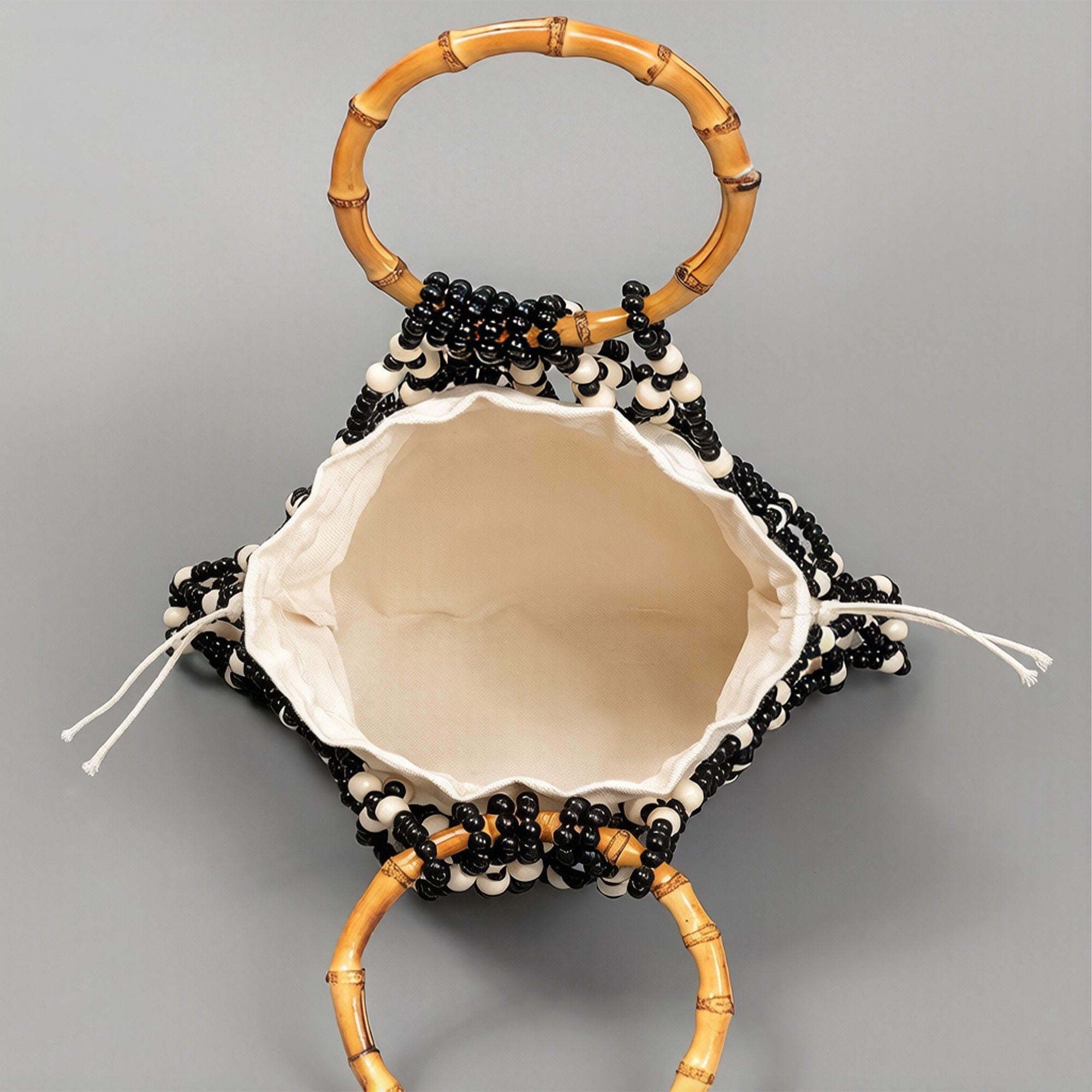 Beaded Drawstring Mini Bag with Bamboo Handle Structured Bucket Purse Lightweight Top Handle Handbag