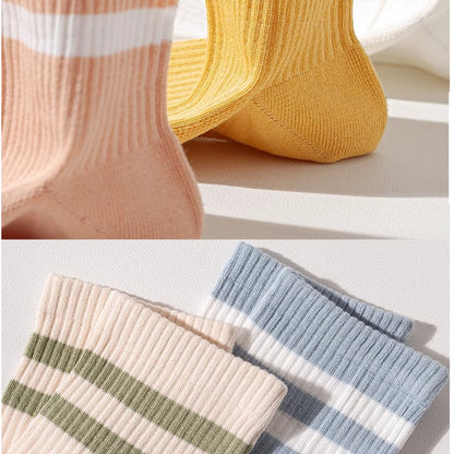 Anna-Kaci Womens Athletic Crew Socks 4-Pack Ribbed Knit Design Contrast Double Stripe Stretch Comfort Everyday Fit
