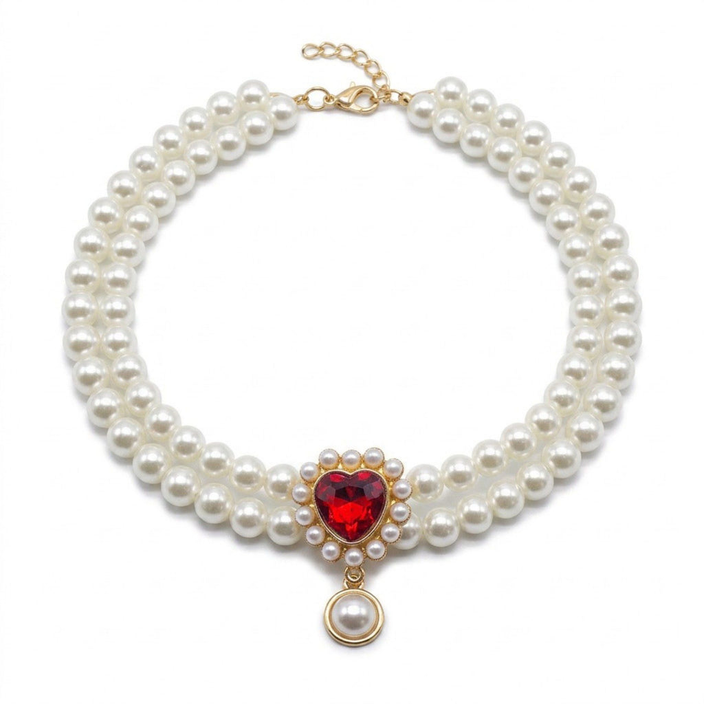 Double Strand Faux Pearl Pet Necklace Heart Gem Pendant Adjustable Collar Jewelry for Cats and Small Dogs