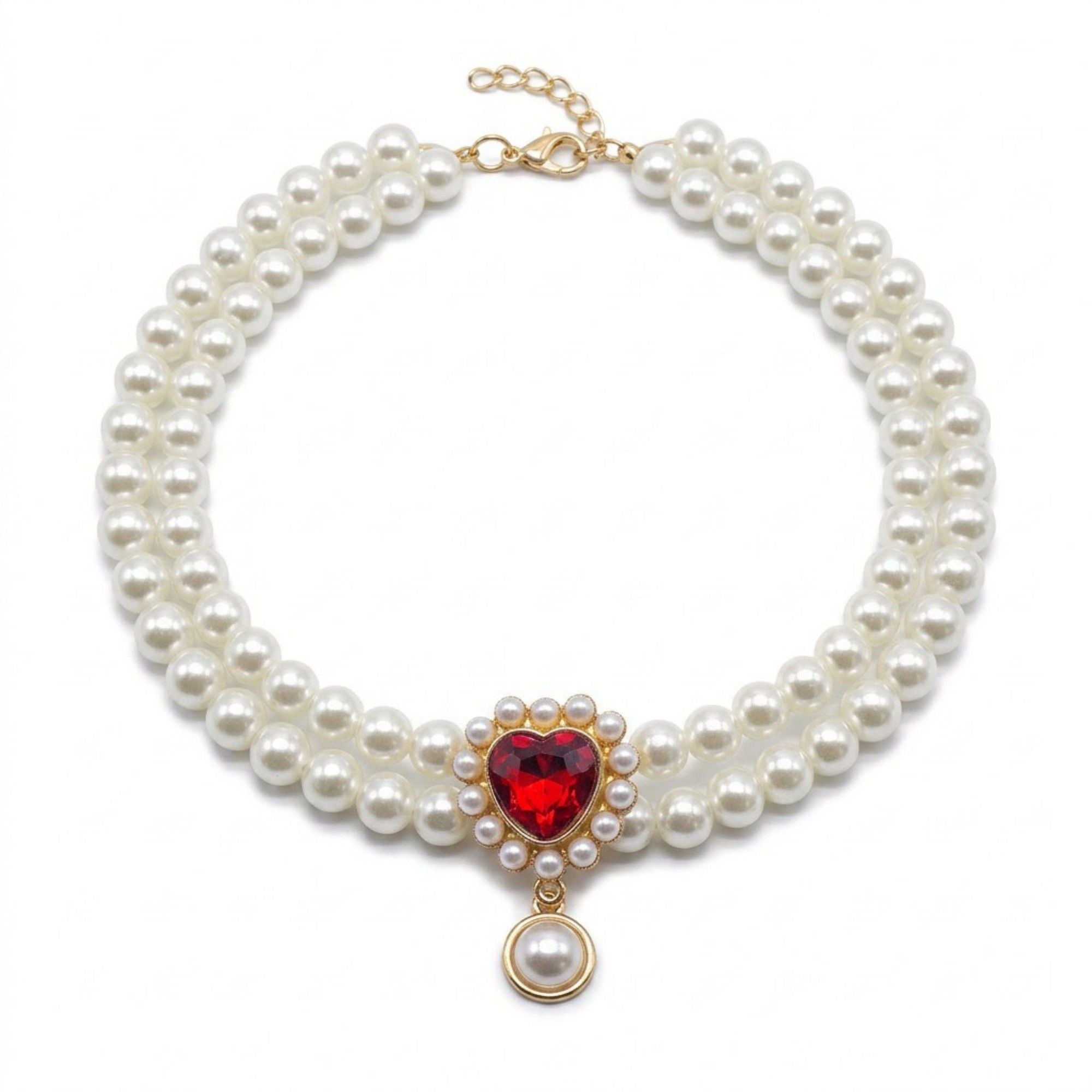Double Strand Faux Pearl Pet Necklace Heart Gem Pendant Adjustable Collar Jewelry for Cats and Small Dogs