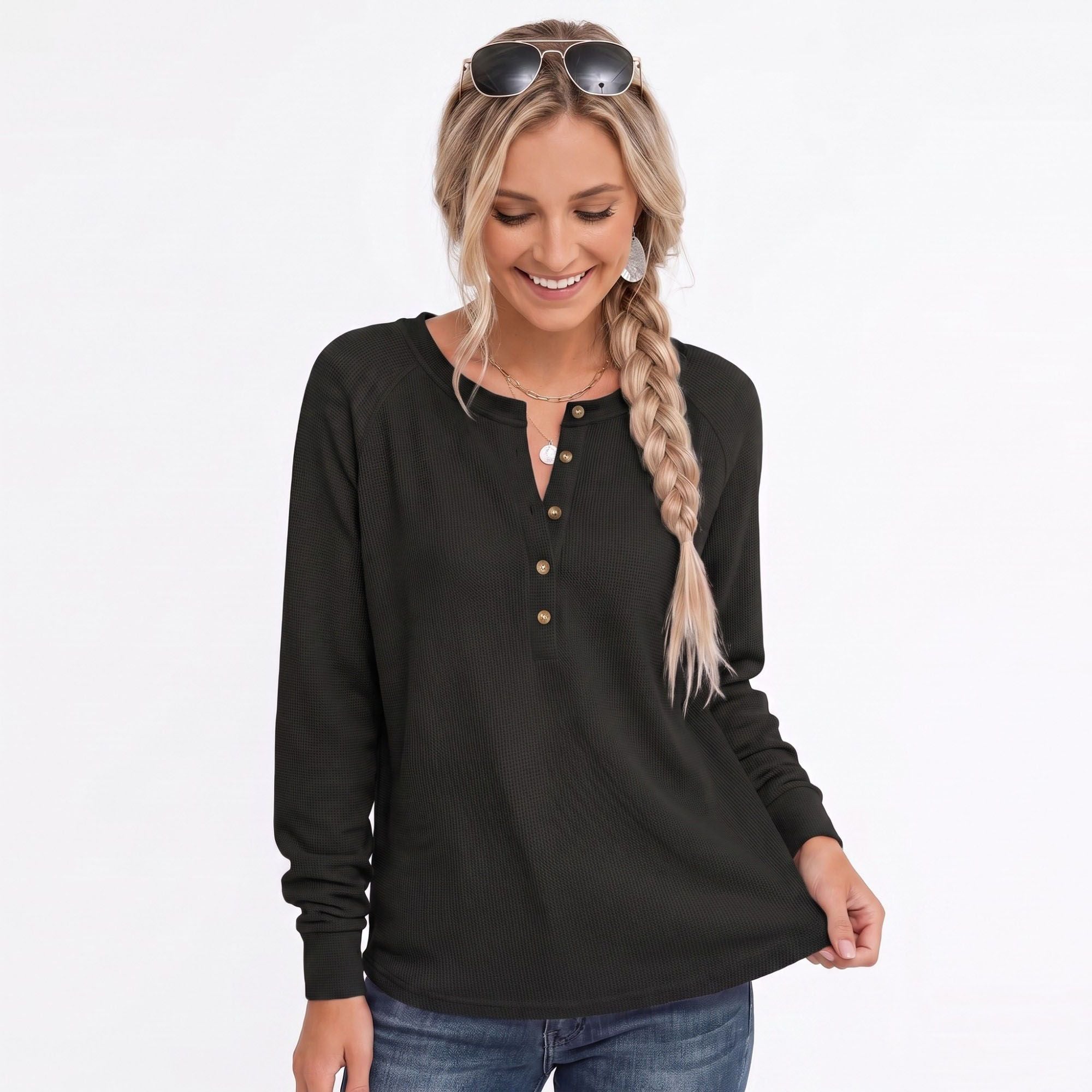 Waffle Knit Henley Raglan Long Sleeve Top