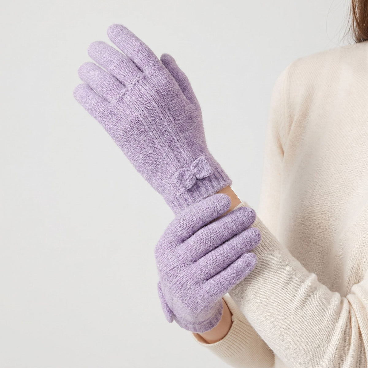 Knit Bow Detail Full Finger Gloves for Cold Weather