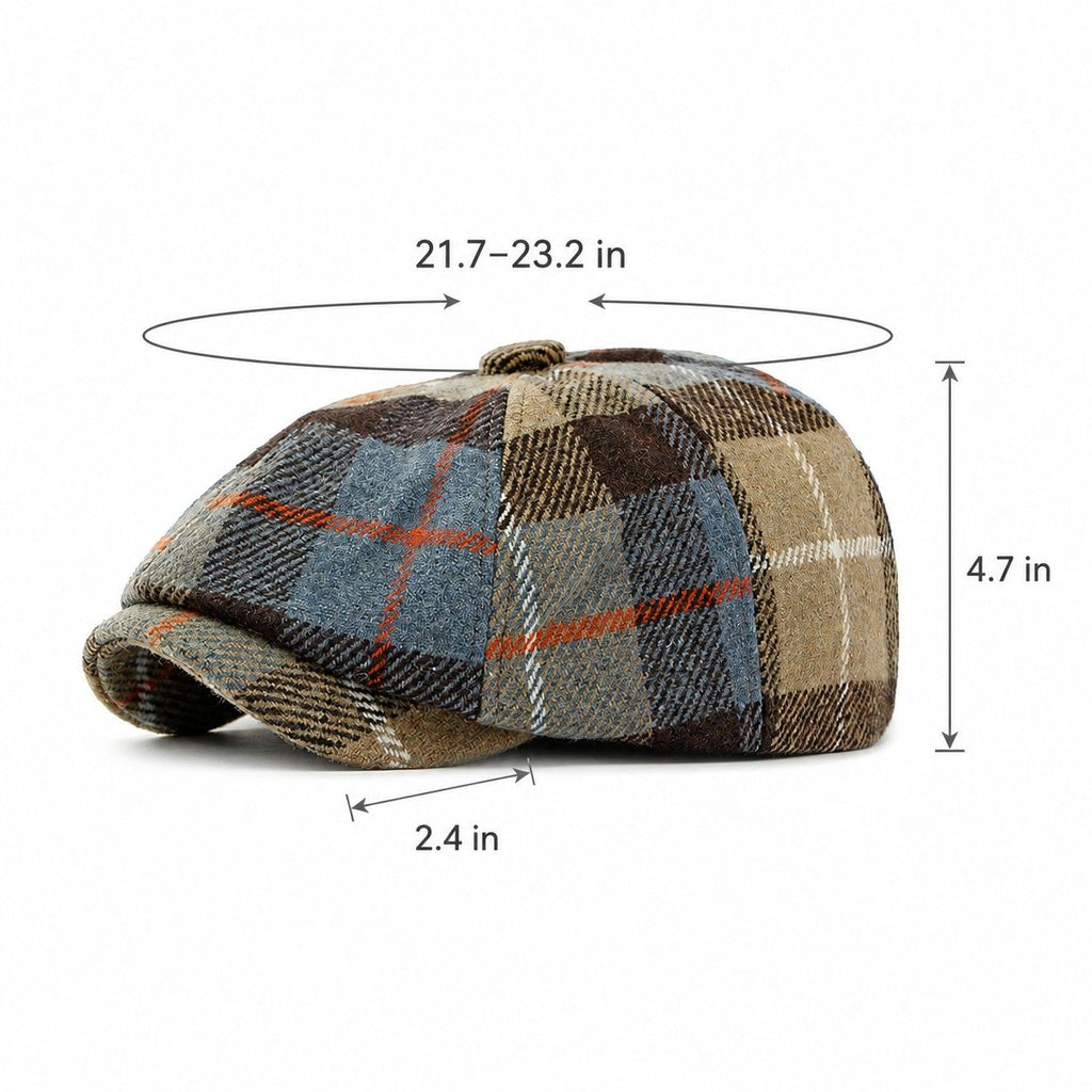 Plaid Wool Blend Newsboy Cap Vintage Baker Boy Hat Short Brim Eight Panel Cap
