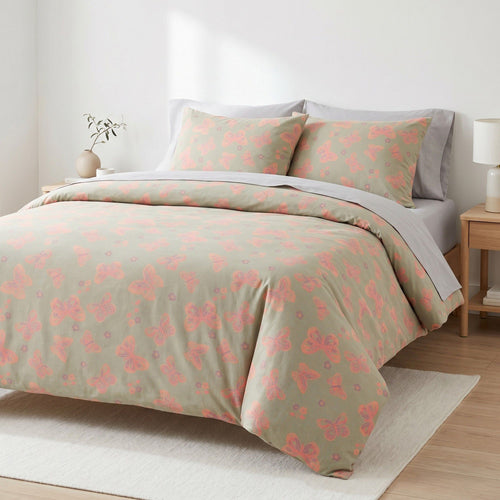 4-Piece Cotton Bedding Set with Butterfly Print Duvet Cover and Pillowcases