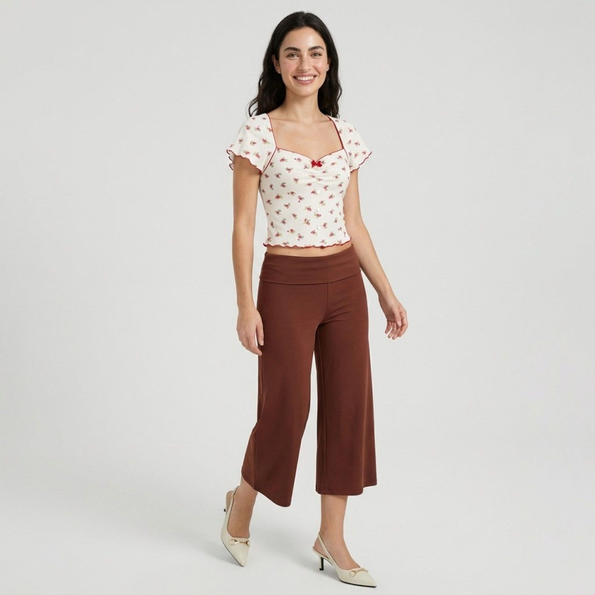 Foldover Waistband Cropped Wide-Leg Trousers