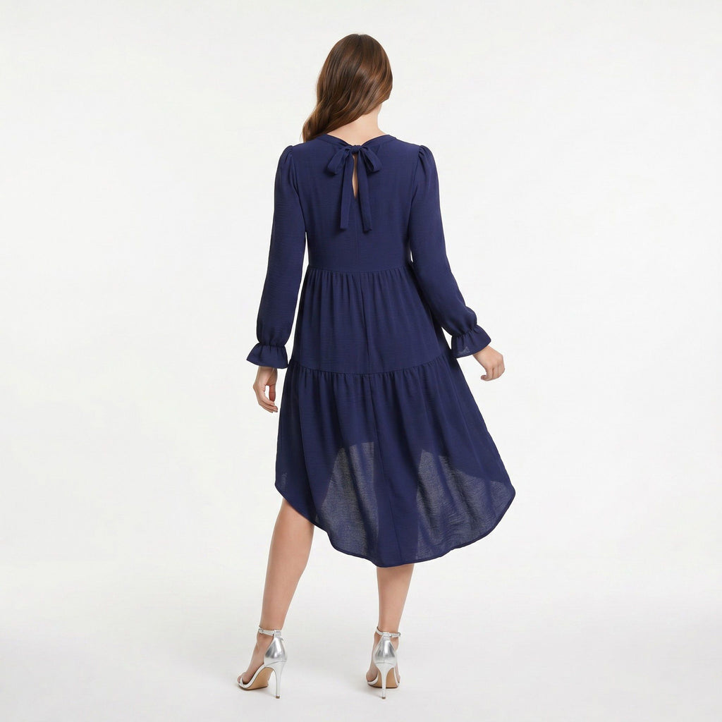 Anna-Kaci Women's Maternity V Neck High Low Mini Dress with Long Sleeves and Tiered Hem