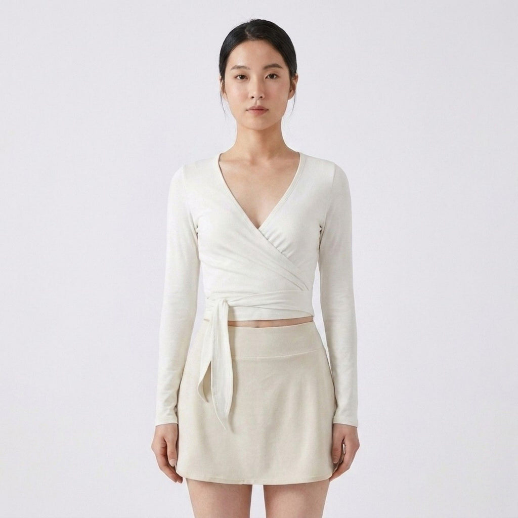 Anna-Kaci Active Womens Long Sleeve Wrap Crop Top with V Neckline Side Tie Waist Smooth Stretch Knit and Fitted Silhouette