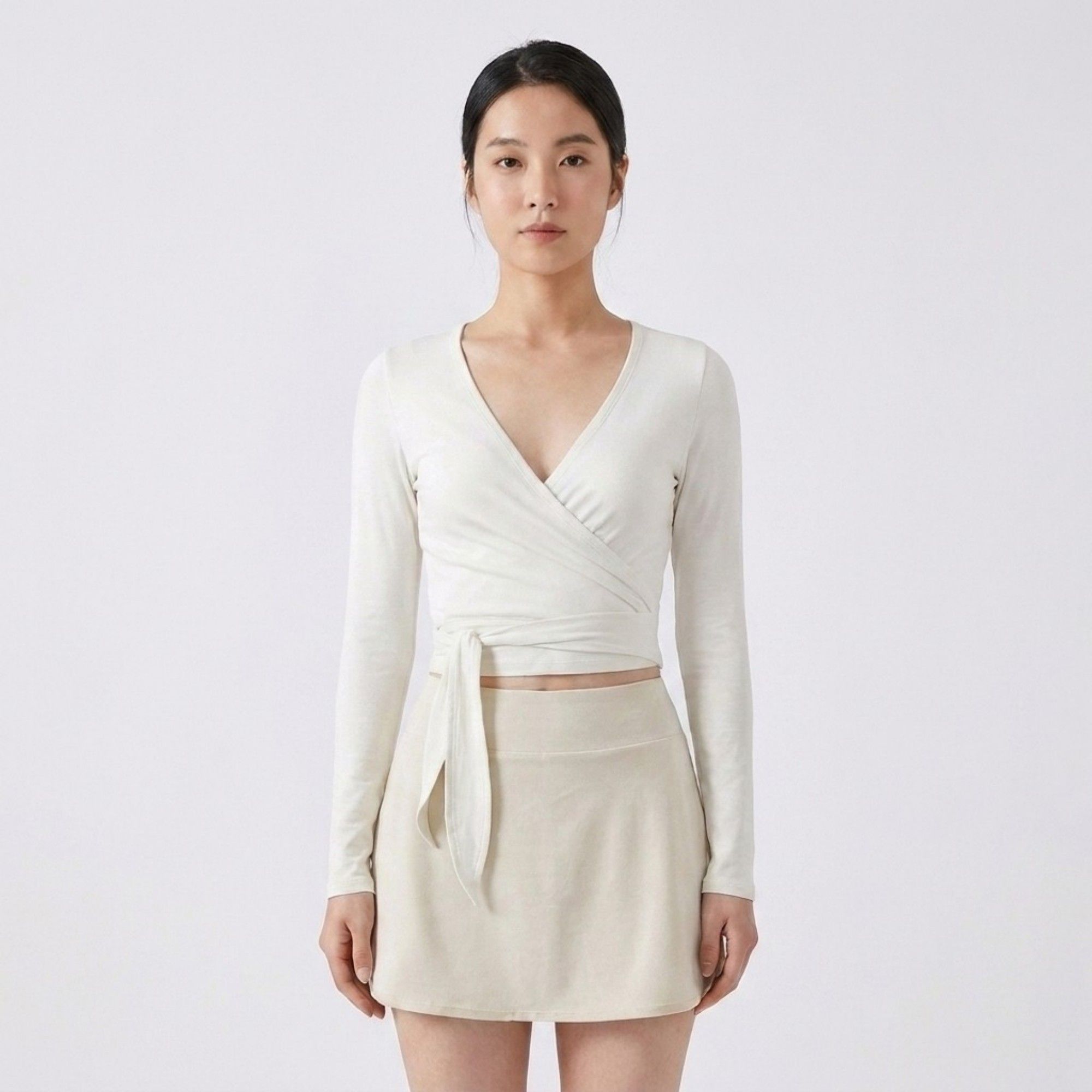 Anna-Kaci Active Womens Long Sleeve Wrap Crop Top with V Neckline Side Tie Waist Smooth Stretch Knit and Fitted Silhouette