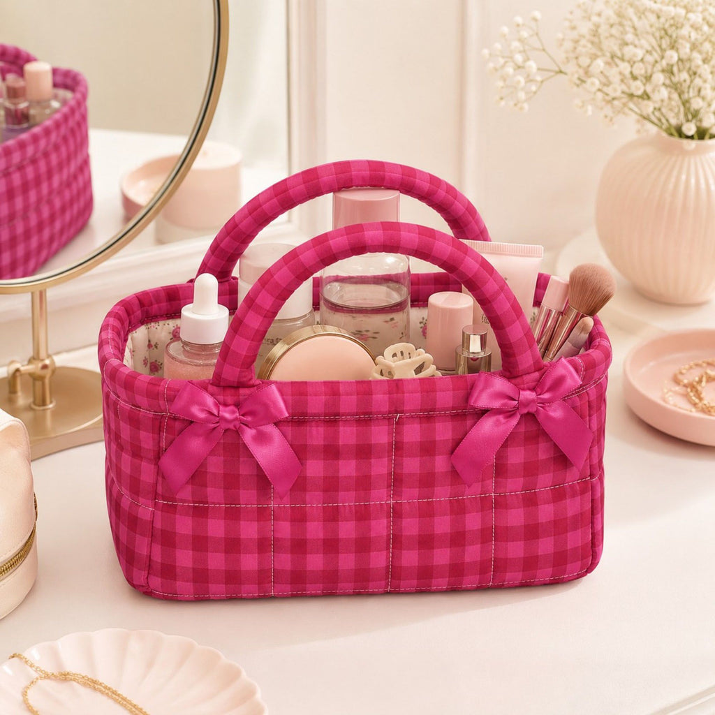 Quilted Gingham Storage Caddy with Handles Bow Accent for Makeup Vanity Dorm Bathroom Organizer