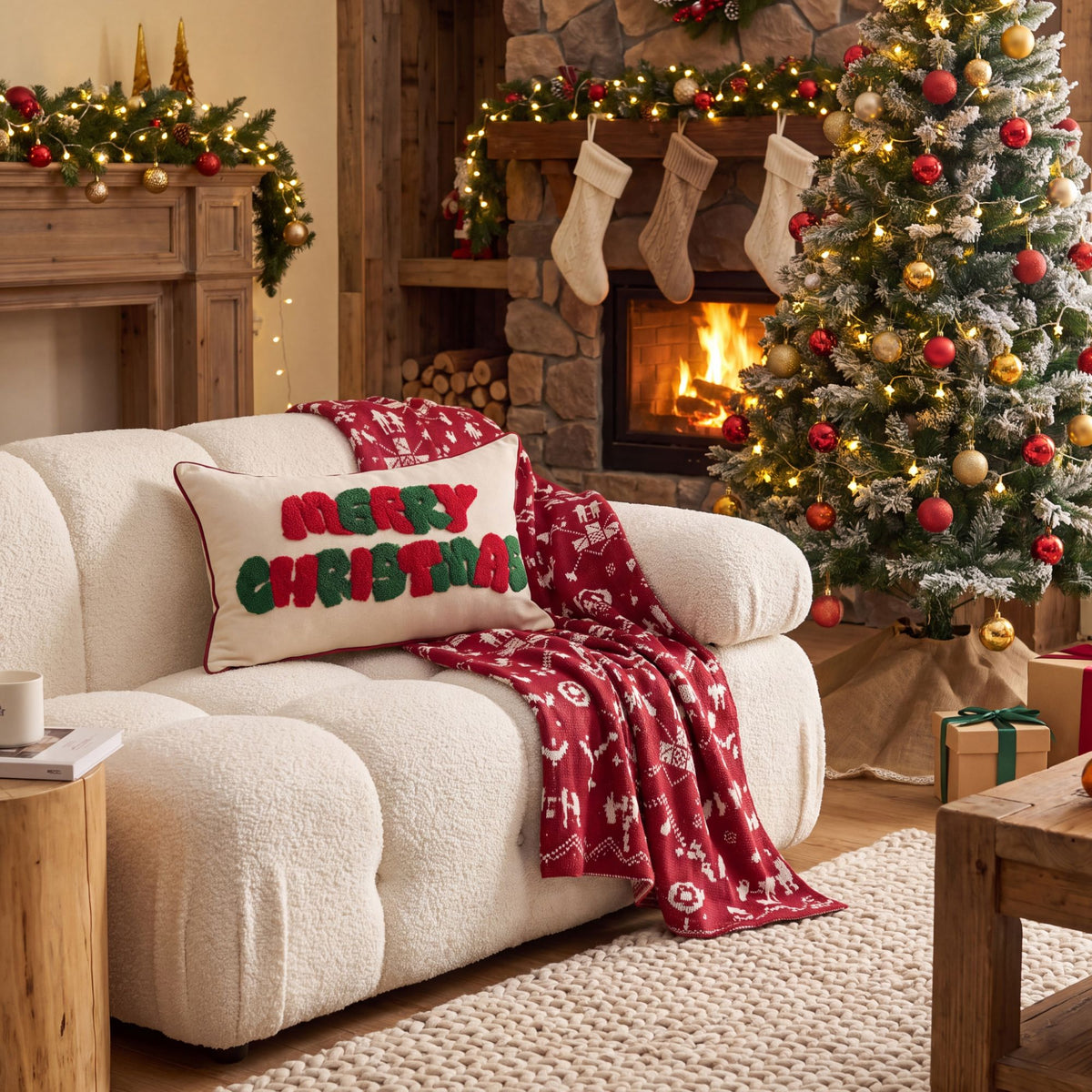 Merry Christmas Tufted Lumbar Throw Pillow Cover Holiday Decorative Accent