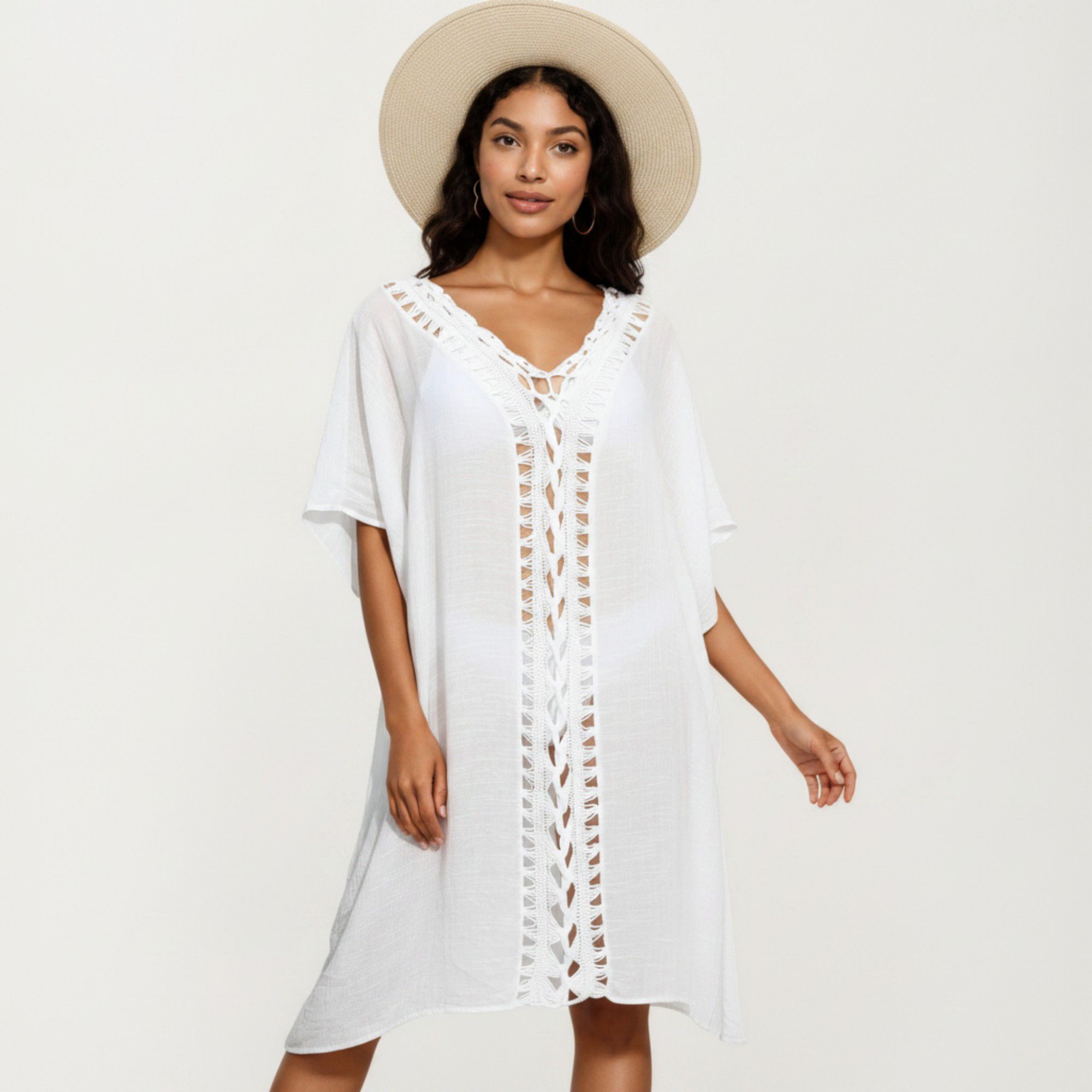 Anna-Kaci Women's Crochet Trim Swim Cover Up Dress Loose Short Sleeve Lightweight Beach Kaftan