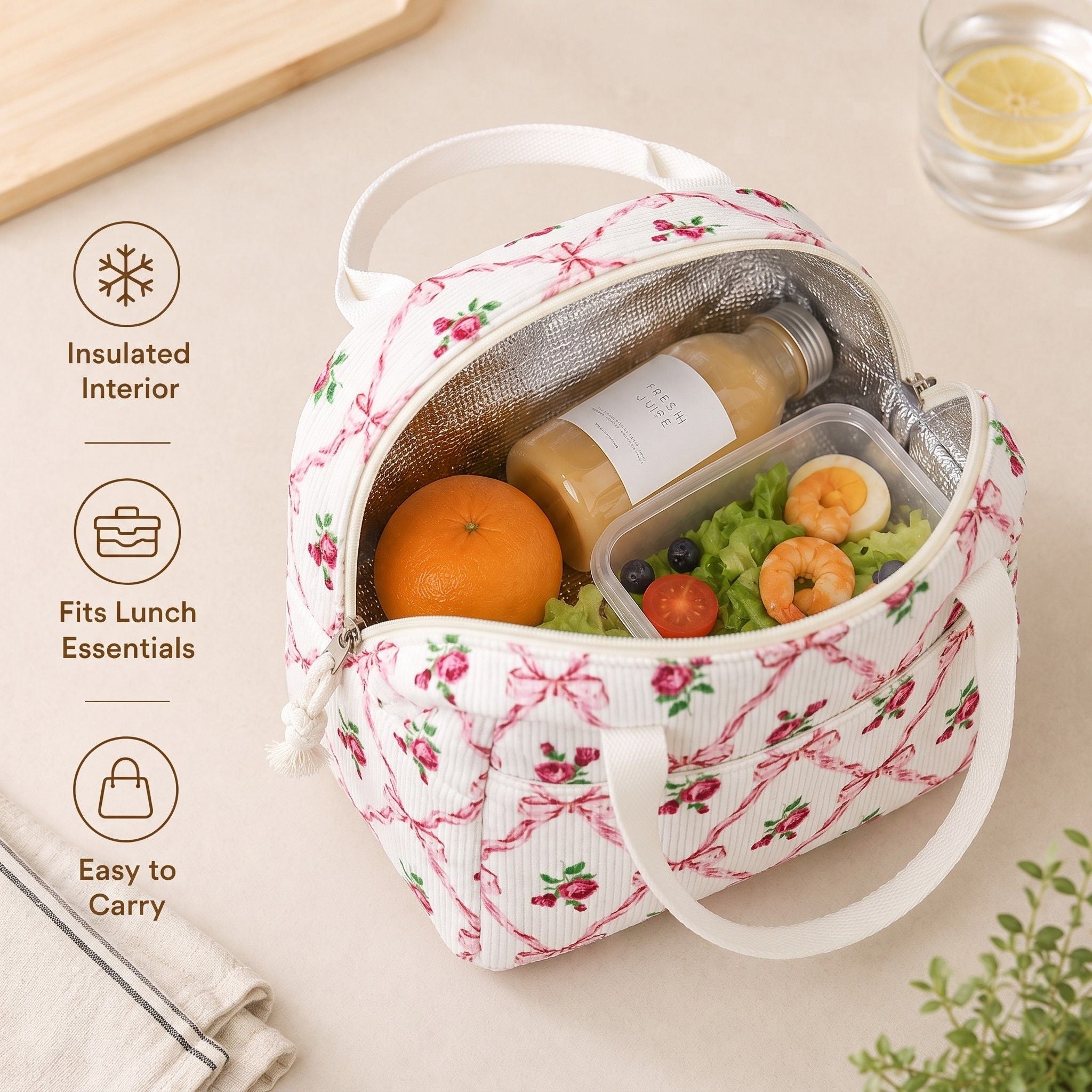 Printed Insulated Lunch Tote Bag with Double Handles and Zip Closure