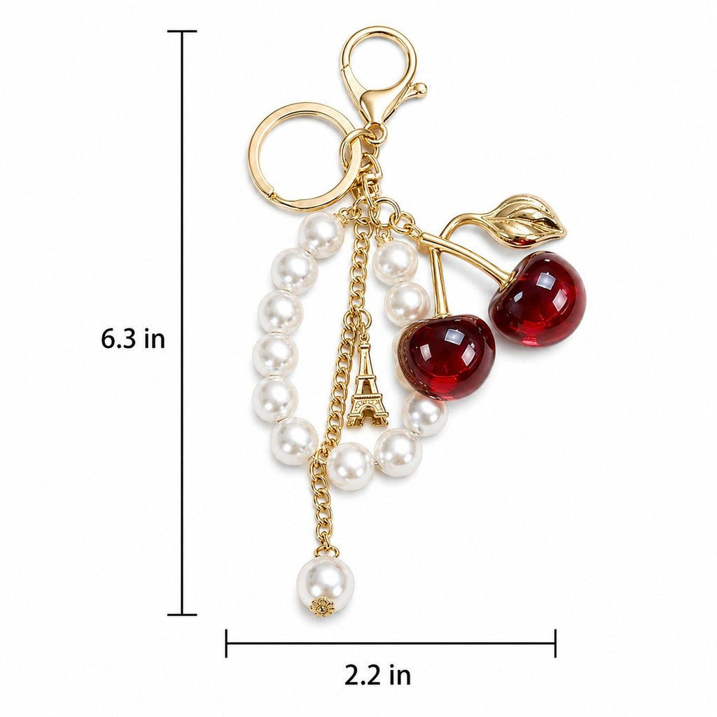 Cherry Bag Charm Keychain with Faux Pearl Loop and Gold-Tone Clips