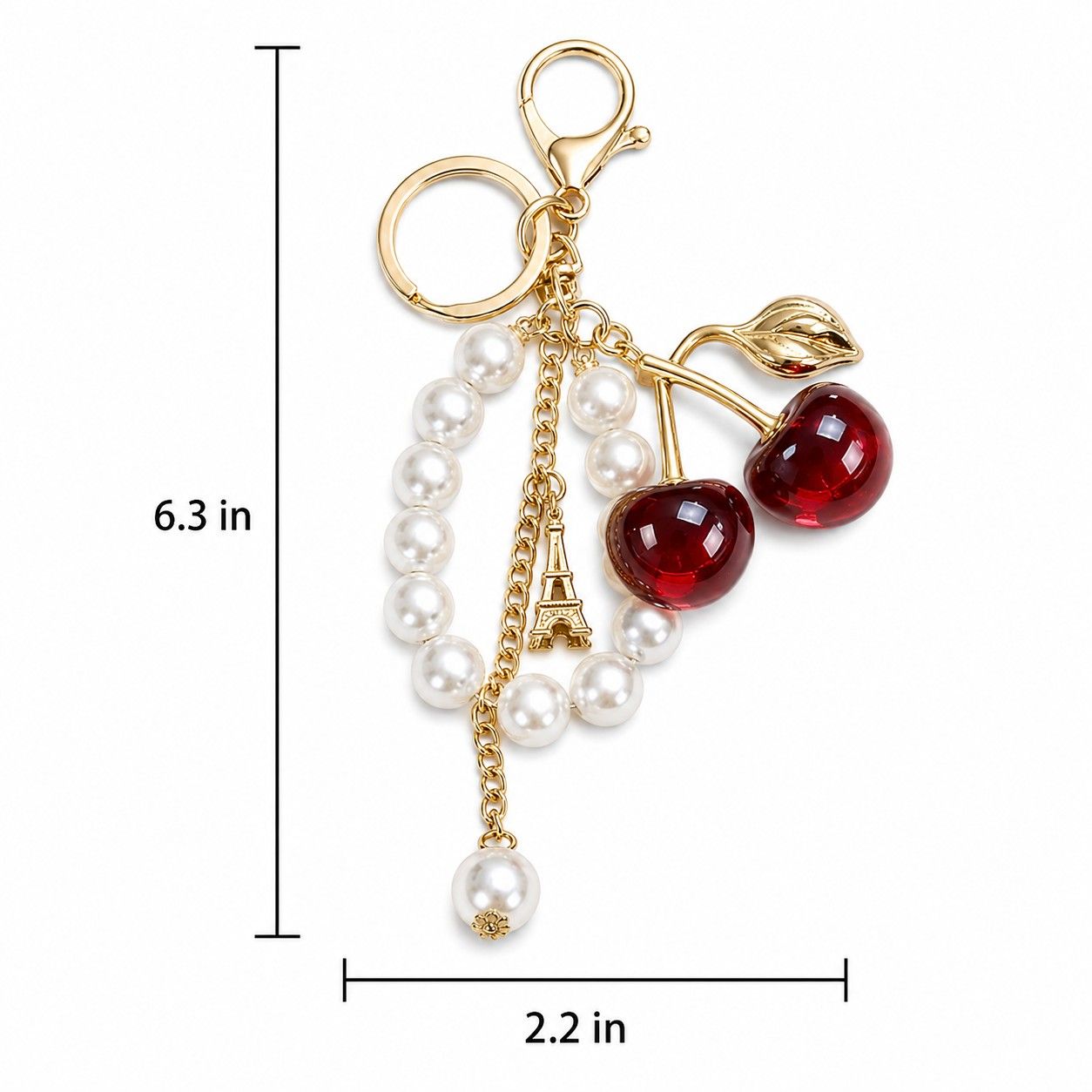 Cherry Bag Charm Keychain with Faux Pearl Loop and Gold-Tone Clips