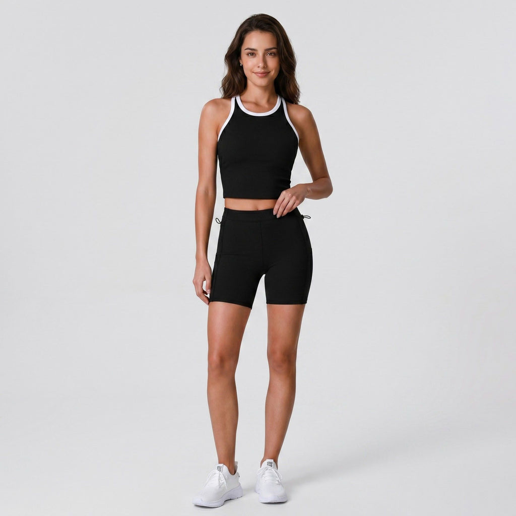 Padded Ribbed High Neck Sports Bra Tank Top Contrast Trim Workout Yoga Crop Top