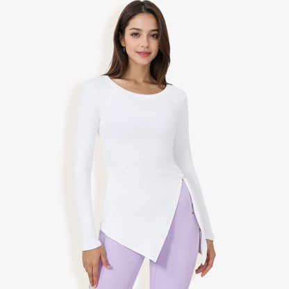 Long Sleeve Side-Tie Activewear Top with Asymmetric Hem