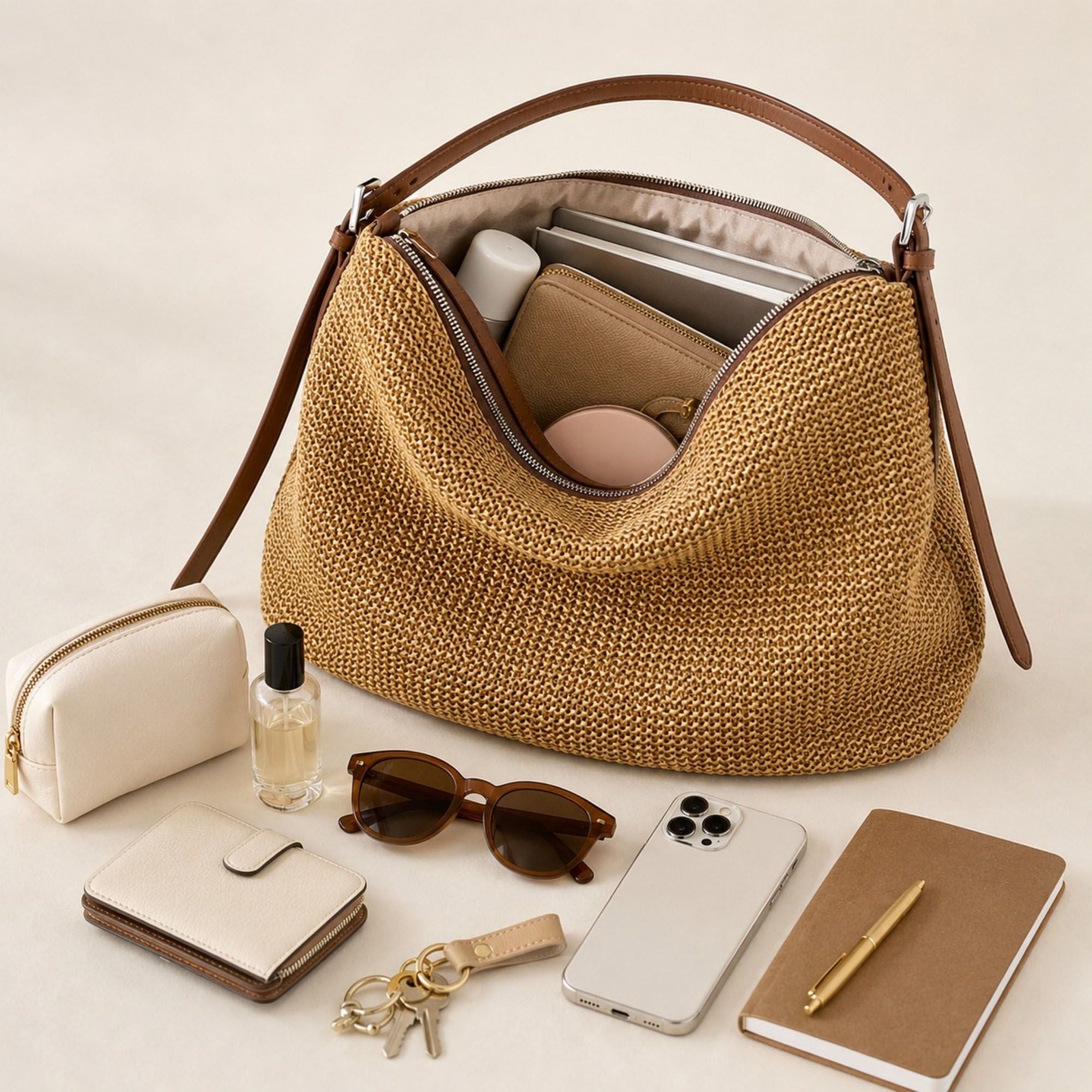 Woven Hobo Shoulder Bag with Zip Top and Large Capacity