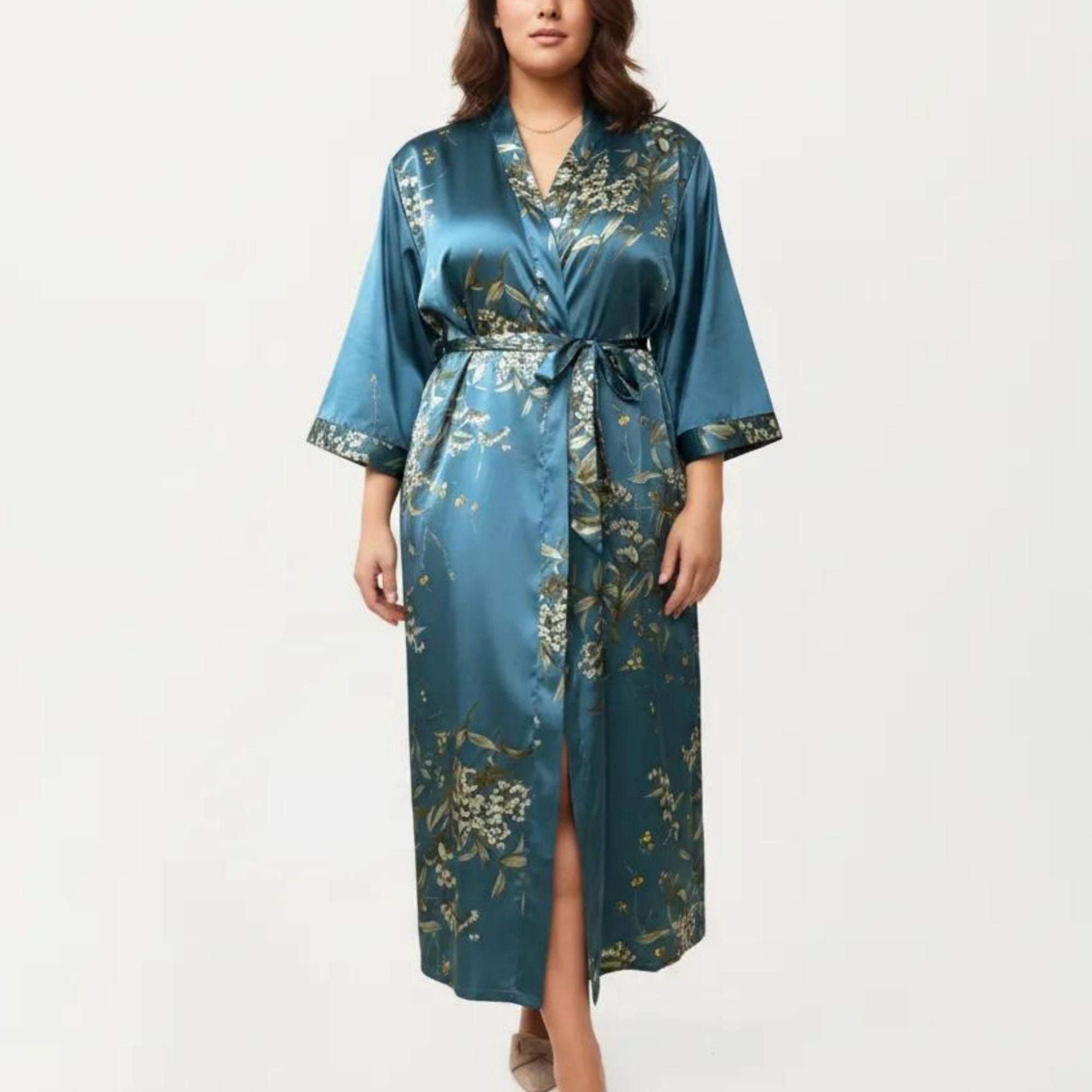 Anna-Kaci Lounge Women's Plus Size Satin Floral Kimono Robe with Self Tie Belt Longline Open Front Lightweight Sleepwear