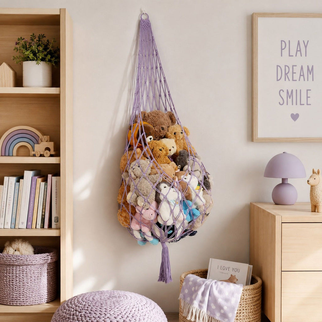 Macrame Hanging Stuffed Animal Storage Net Cotton Rope Corner Organizer