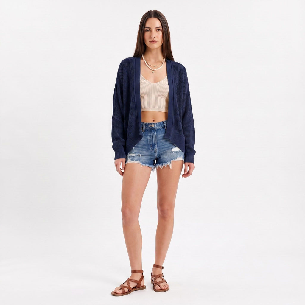 Open-Front Dolman Sleeve Draped Knit Cardigan