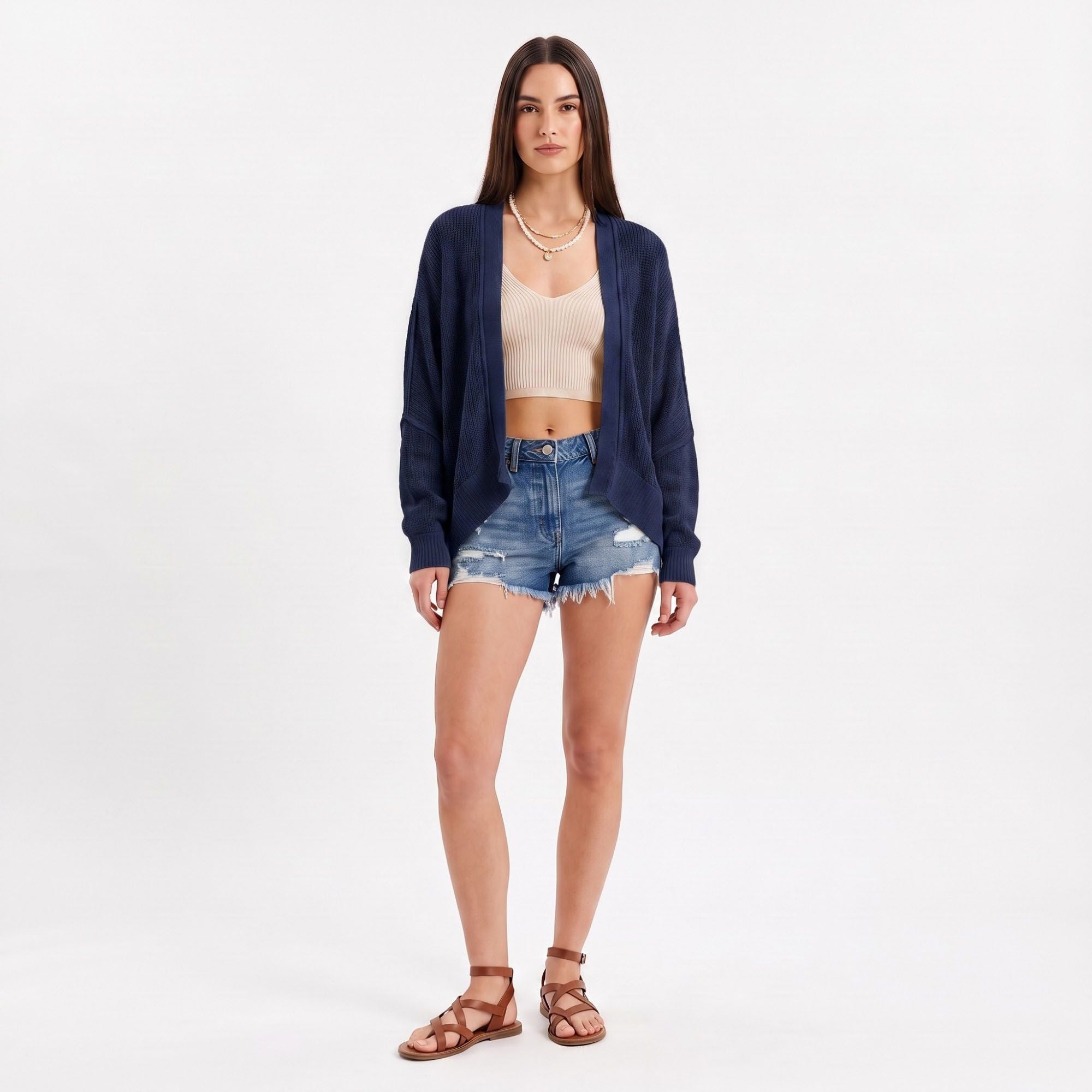 Open-Front Dolman Sleeve Draped Knit Cardigan
