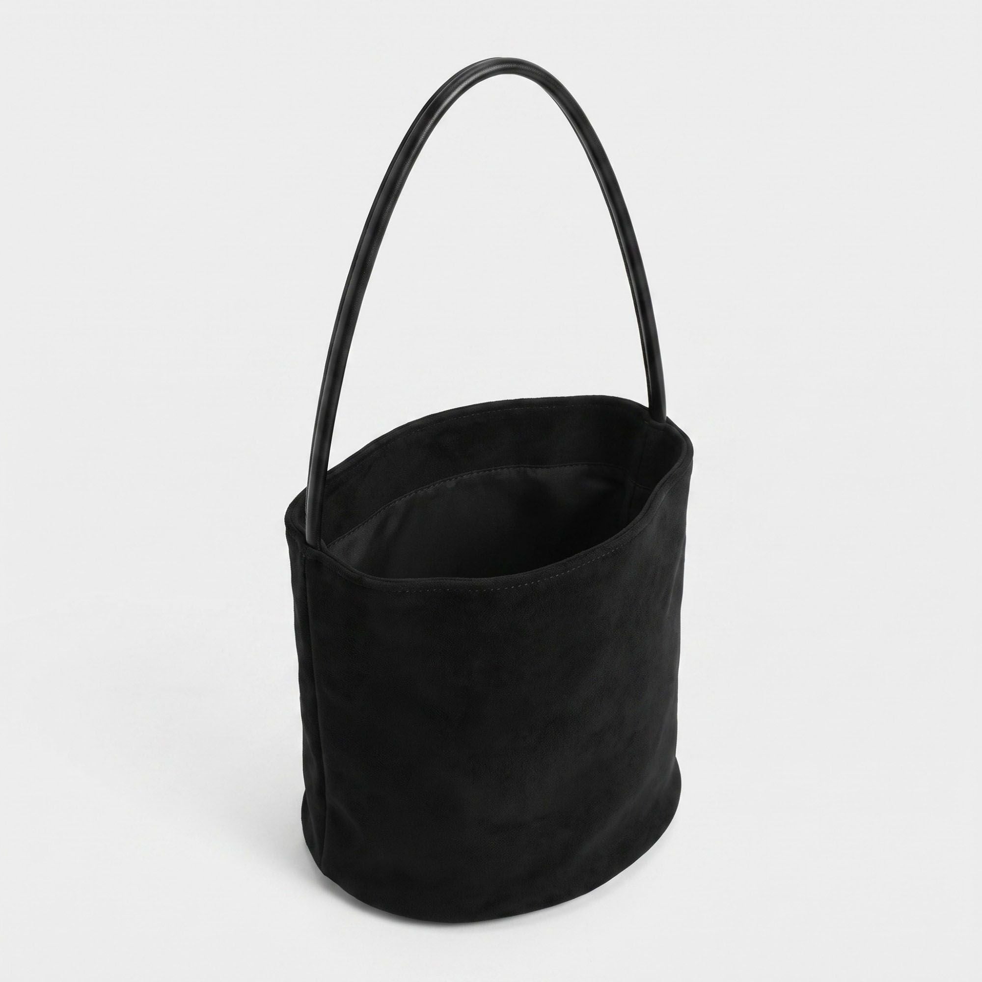Suede-Look Bucket Shoulder Bag with Long Strap and Soft Structured Shape 9x7.5x6.5in