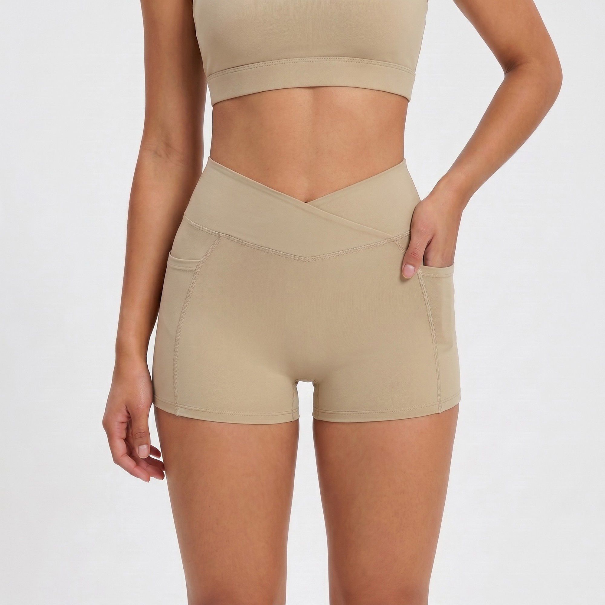 High Waist Crossover Waistband Pocket Workout Biker Shorts