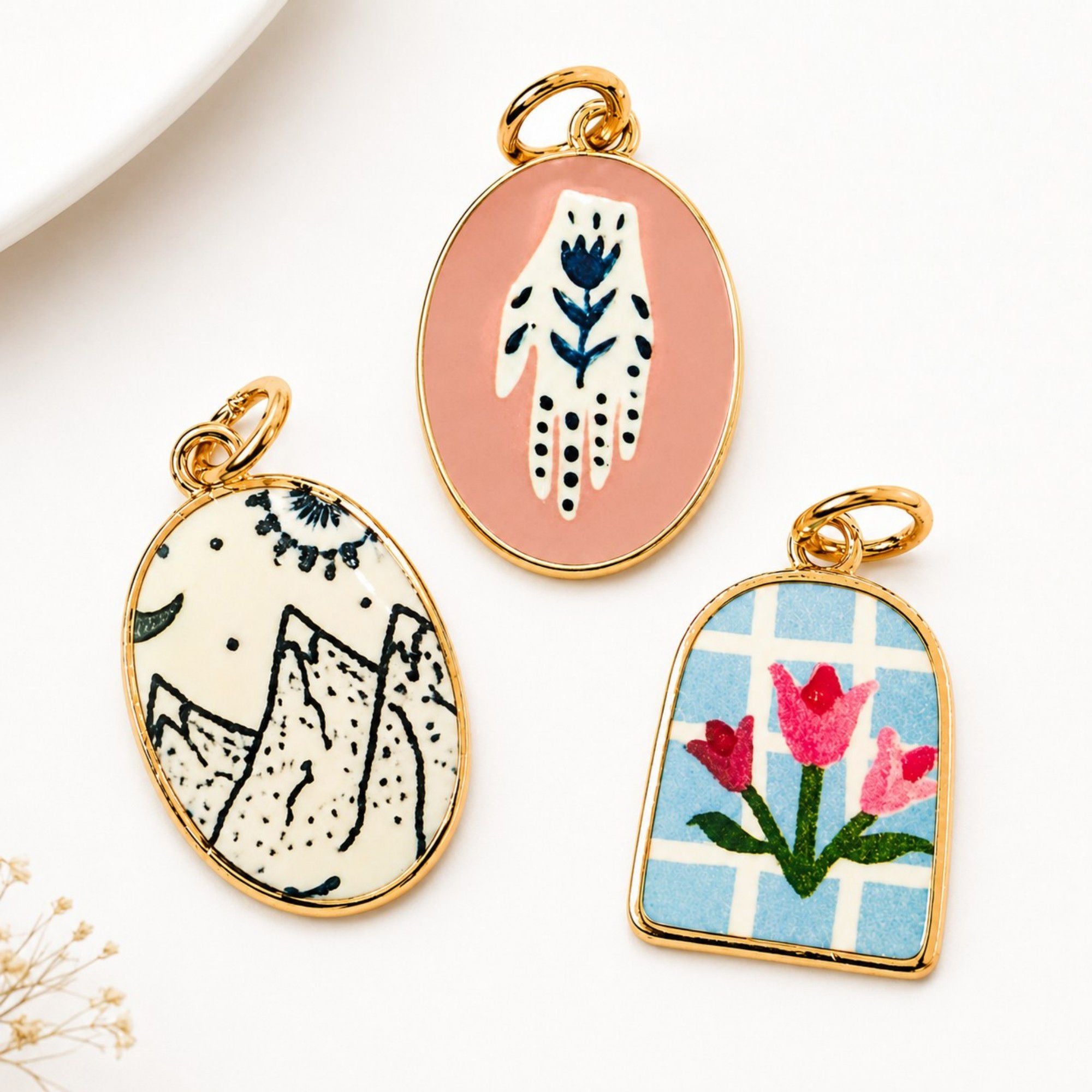 3pc Scenic Artwork Keychain Bag Charm Set with Gold Tone Trim for Bags and Keys
