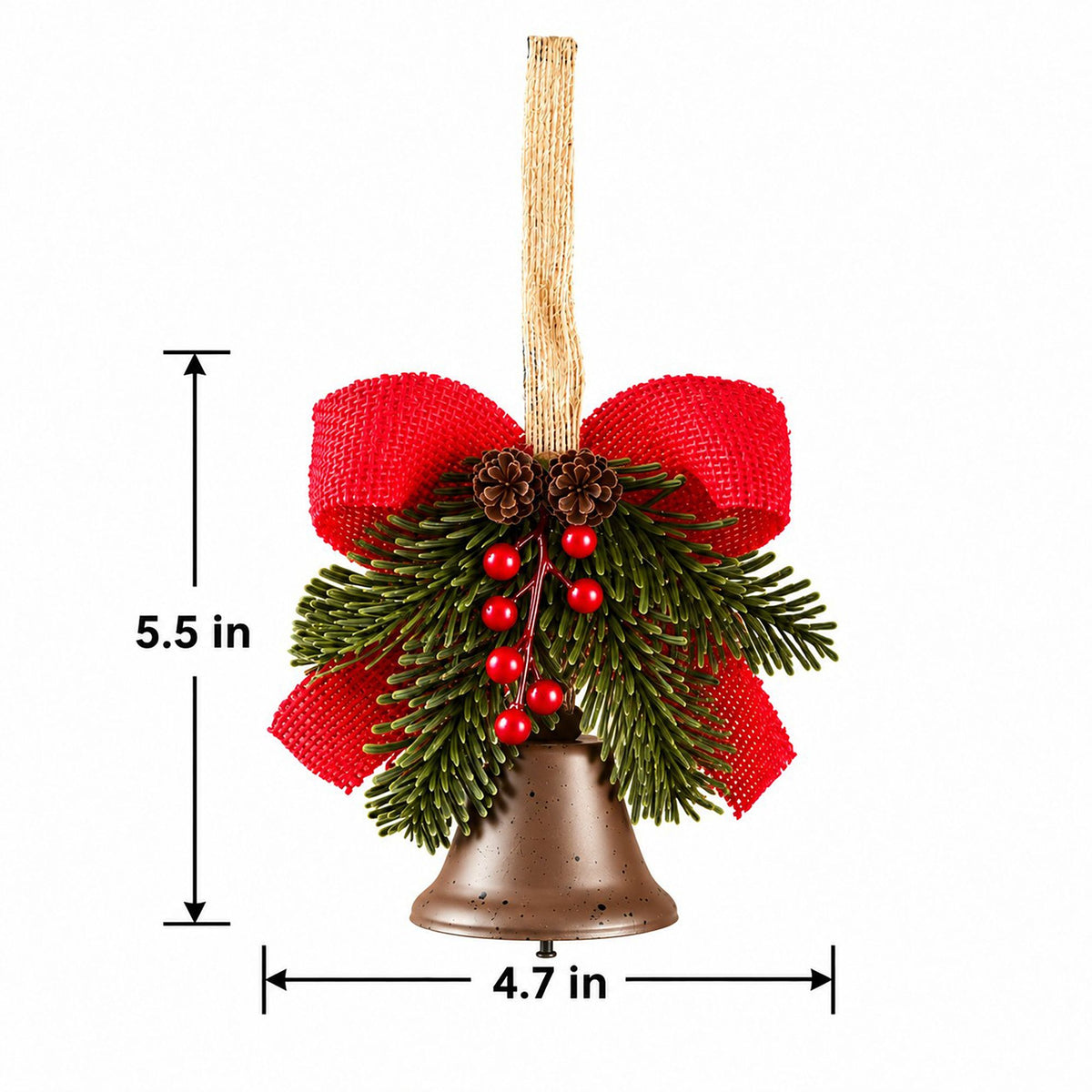 Christmas Bell Ornament with Bow Pinecones Berries and Greenery