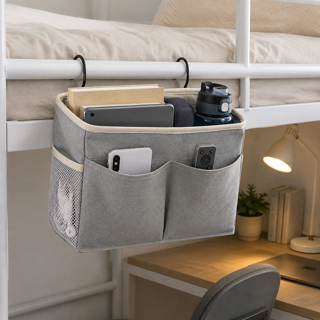 Hanging Bedside Storage Caddy with Hooks and Multiple Pockets Bed Rail Organizer