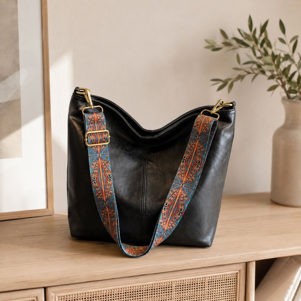 Faux Leather Hobo Shoulder Bag with Adjustable Wide Strap and Zipper Pockets