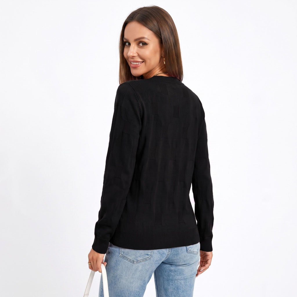 Textured Geometric Crew Neck Long Sleeve Knit Sweater