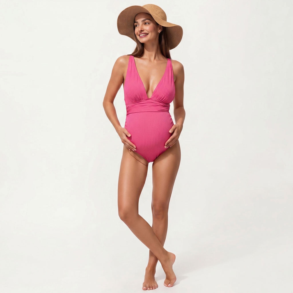 Anna-Kaci Swim Women's Maternity Ribbed One-Piece Swimsuit with Plunging Neckline and Ruched Waist