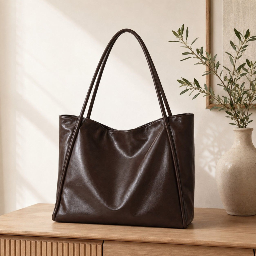 Large Faux Leather Tote Bag with Double Shoulder Straps and Magnetic Closure