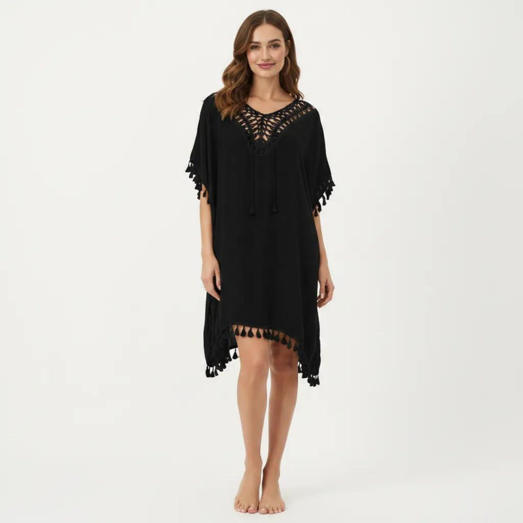 Anna-Kaci Women's Sheer Crochet V Neck Swim Cover Up Poncho with Tassel Trim and Flowy Silhouette