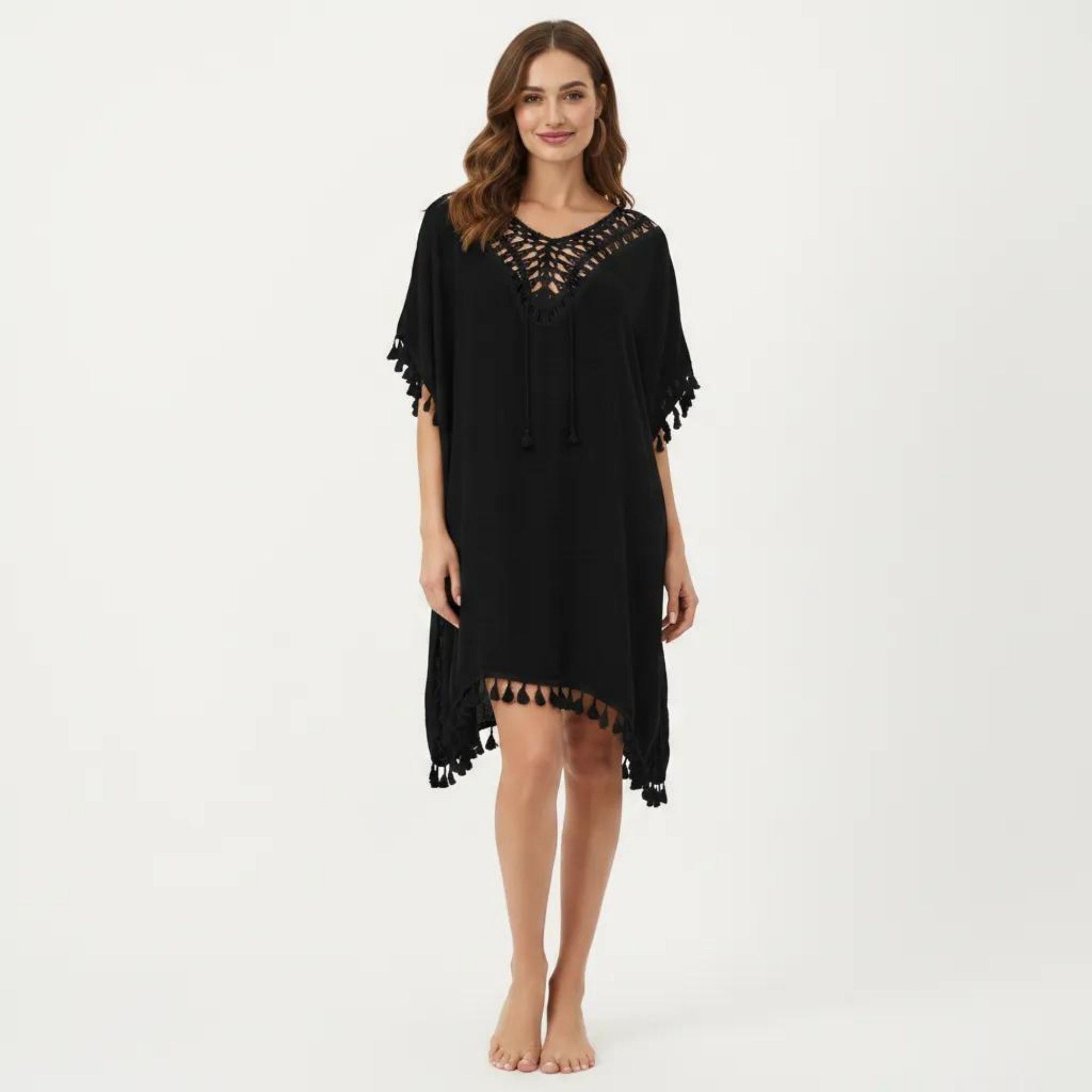 Anna-Kaci Women's Sheer Crochet V Neck Swim Cover Up Poncho with Tassel Trim and Flowy Silhouette
