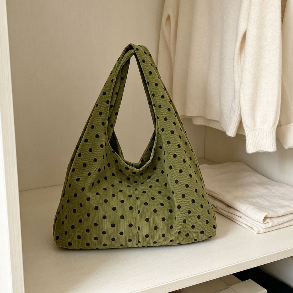 Polka Dot Corduroy Hobo Shoulder Bag with Wide Strap and Interior Pockets