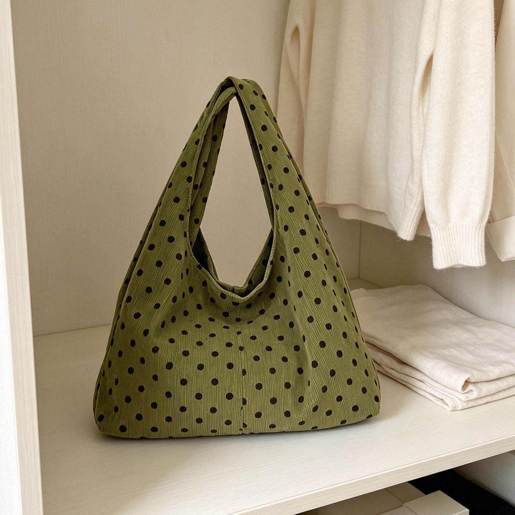 Polka Dot Corduroy Hobo Shoulder Bag with Wide Strap and Interior Pockets