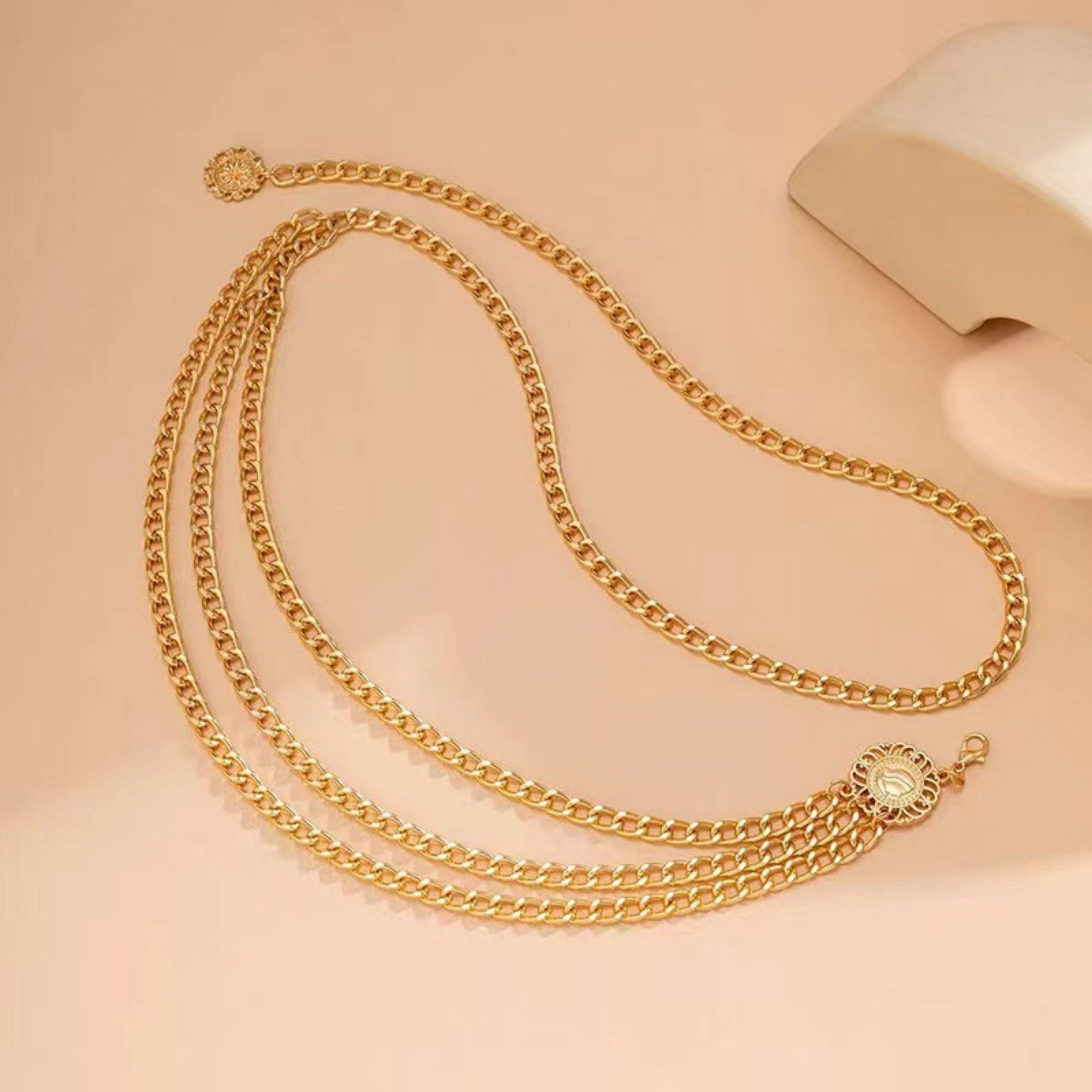 Anna-Kaci Women's Layered Chain Waist Belt with Triple Draped Links and Decorative Medallion Accents for Stylish Detail 35.5in