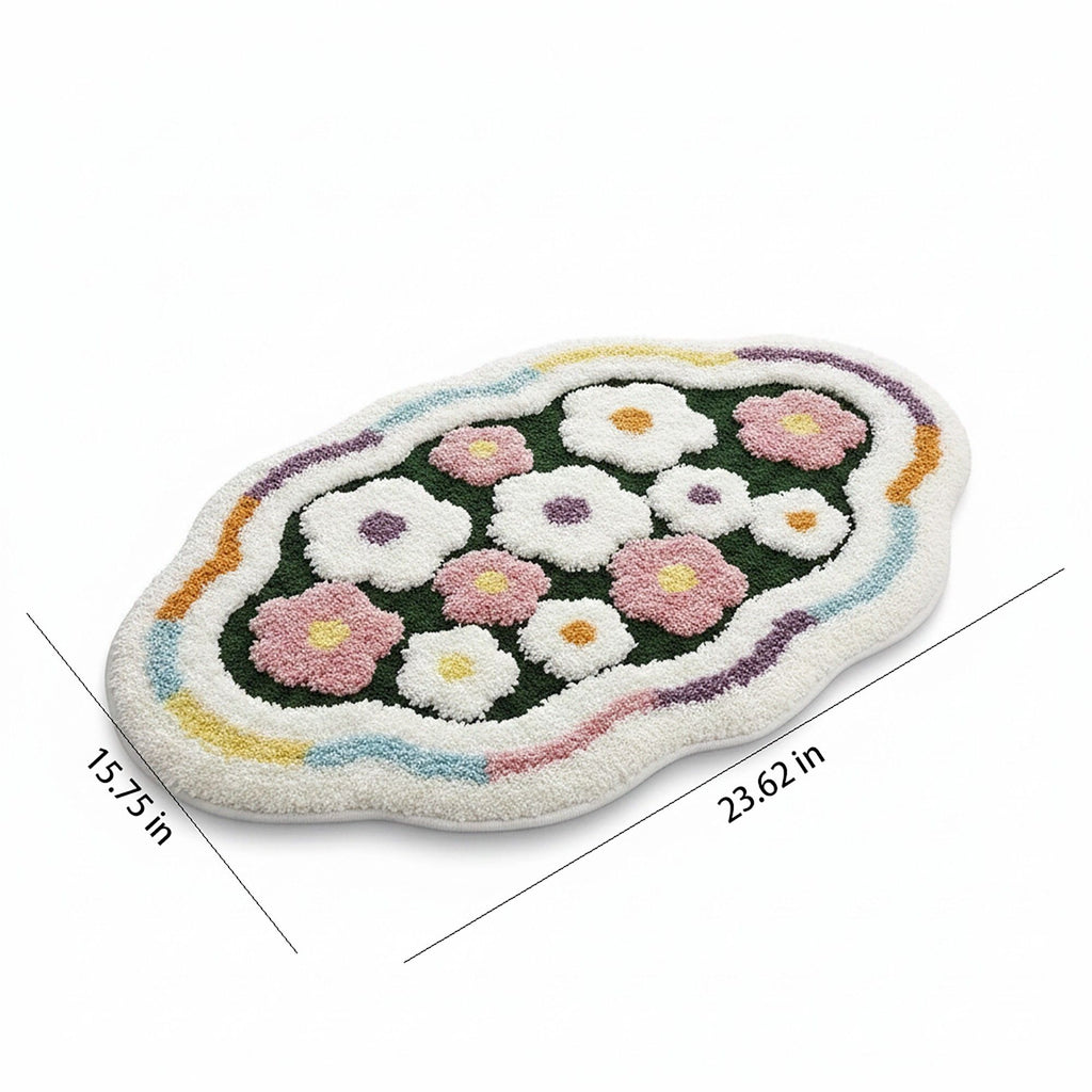Tufted Floor Mat with Happy Text and Floral Pattern Non Slip Backing Soft Plush Decorative Scalloped Edge Indoor Rug
