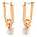 Gold Tone Geometric Drop Earrings with Pearl and Rhinestone Accent