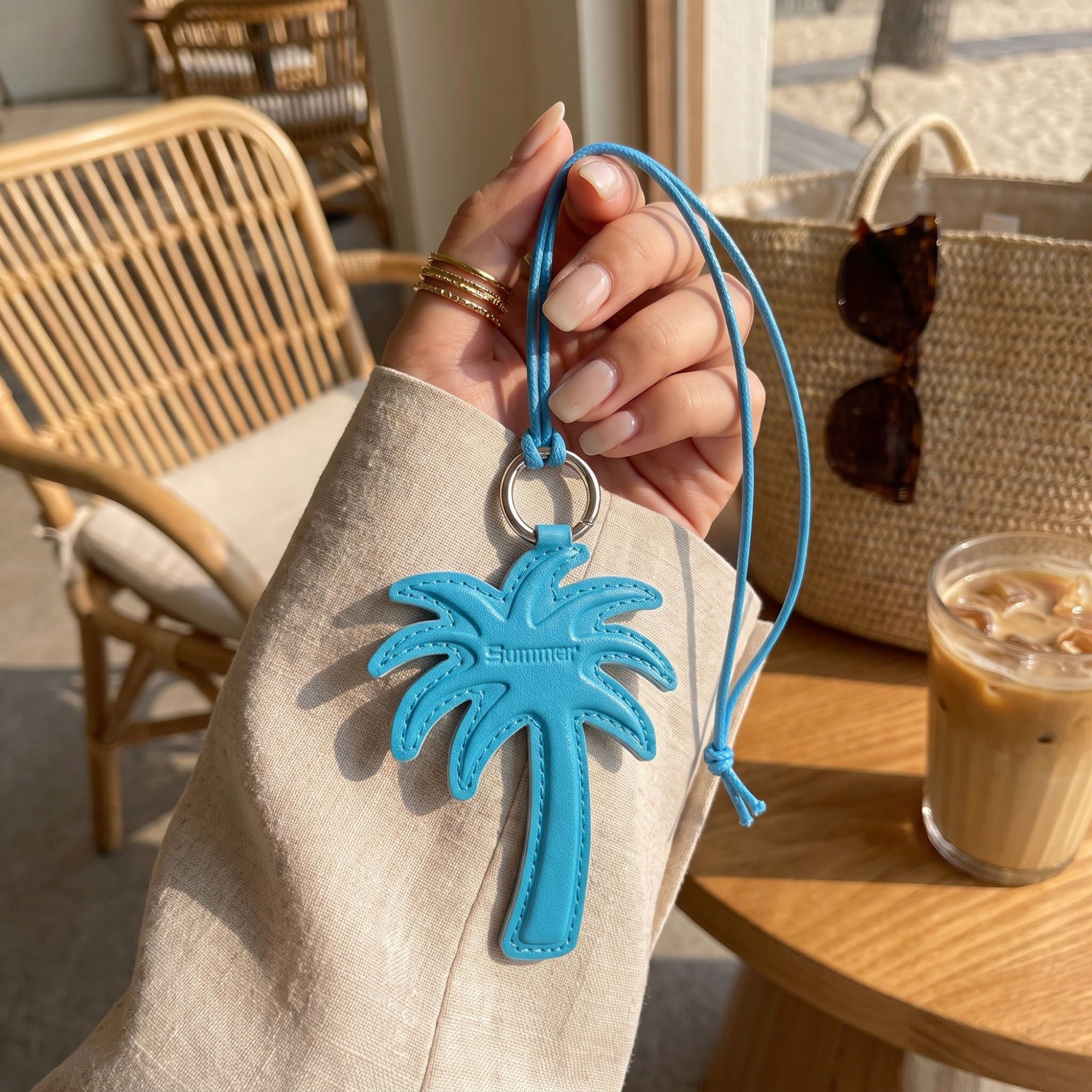 2-Piece Womens Faux Leather Bag Charm Keychain with Metal Ring Cord Loop and Stitched Detail